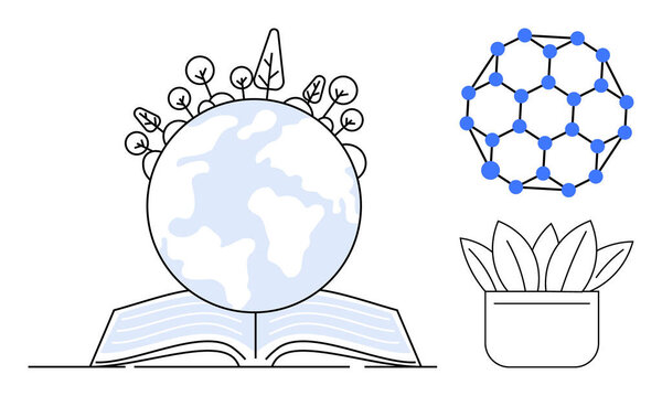 Earth with growing plants on an open book, geometric molecular structure, and potted plant highlight sustainability, learning, innovation, and eco-friendly concepts. Ideal for ecology, education