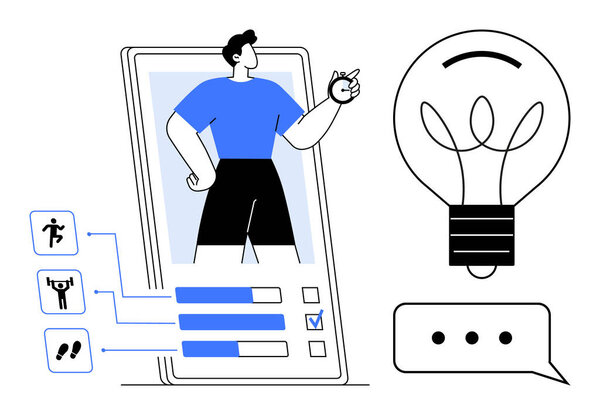 Человек, стоящий внутри экрана смартфона, подключенный к датчикам активности и контрольному списку, наряду с лампочкой и речевым пузырем. Идеально подходит для фитнеса, здоровья, технологий, отслеживания, инноваций, идей