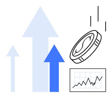 Yükselen oklar büyümeyi gösteriyor, yanında da madeni para ve hat çizelgesi var. Yatırım, tasarruf, ekonomik iyileşme, iş büyümesi, strateji, kar analizi için ideal