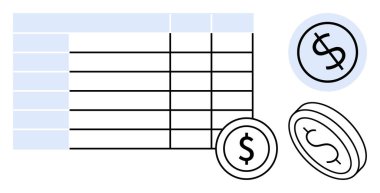 Dolar sikkeleri ve finansal ikonun yanında sıra sıra ve sütunlarla birlikte hesap tablosu. Finans, muhasebe, iş bütçesi, planlama, yatırımlar, tasarruflar ve ekonomik kavramlar için ideal. Basit düz metafor