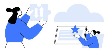 Yapboz parçası elinde ok ve tablet ekranlı yıldız ve bulut tutan bir kadın. Takım çalışması, problem çözme, hedef belirleme, işbirliği, yenilik, bulut teknolojisi için ideal