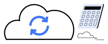 Mavi senkronizasyon oklarıyla bulut şeklindeki ana hat finans, bilgisayar ve veri paylaşımı için bir hesap makinesinin yanında. Teknoloji, bulut depolama, muhasebe, otomasyon, finans, veri için ideal