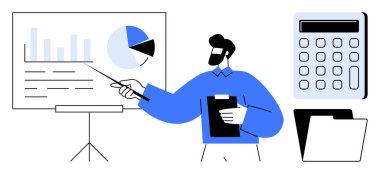 Erkek sunucu grafikleri ve turta grafikleriyle grafikleri gösteriyor, elinde bir pano var. Hesap makinesi ve dosya dizini planlama, analiz, finans, araştırma, eğitim ve organizasyonu vurguluyor. Modern daire