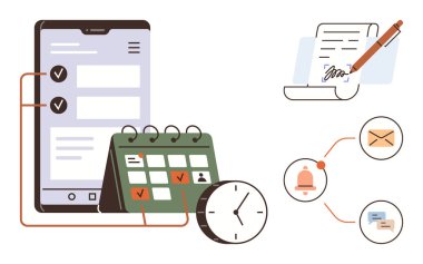 Kontrol listesine sahip mobil görev yöneticisi, olaylı takvim, zaman izleme saati, bildirim uyarıları, e- posta simgeleri ve imzalı belge. Planlama, üretkenlik ve organizasyon için ideal