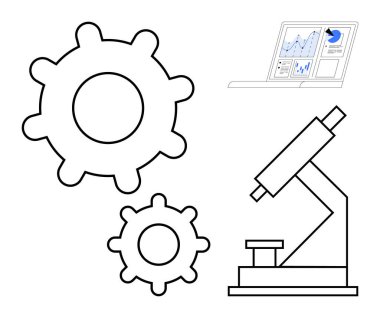Mikroskop ve haritaları gösteren bir dizüstü bilgisayarın yanında yenilik, teknoloji, analiz ve bilimsel araştırmaları ön plana çıkarıyor. Bilim, endüstri, takım çalışması, ilerleme ve eğitim için ideal