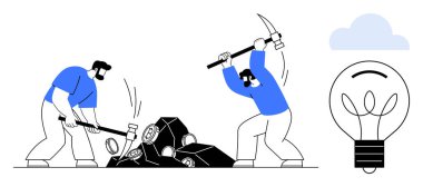 İki işçi aletlerle taş kırıyor, ampul fikirlerini ortaya çıkarıyor ve takım çalışması, yenilik, problem çözme, yaratıcılık, ilerleme, azim ve becerinin altını çiziyor. Basit düz metafor.