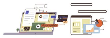 Grafikler ve grafiklerle eşleştirilmiş, web sayfalarını, analitiği ve HTML düzenleyicisini gösteren dizüstü bilgisayar. Web tasarımı, kodlama, veri analizleri, içerik oluşturma, programlama dijital araçları için ideal basit düz