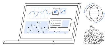 Analitik veri grafiklerini, grafiğini ve görev menüsünü gösteren dizüstü bilgisayar. Okları ve çiçekleri olan dünya teknoloji, küresel bağlantı ve çevresel sürdürülebilirlik arasındaki dengeyi vurgular. Veri için ideal