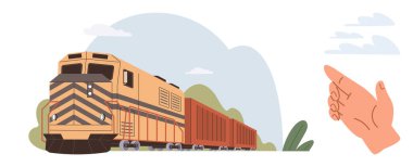 Lokomotif, doğa manzarasında yol gösterici bir el hareketiyle yük vagonları taşıyor. Seyahat, ulaşım, lojistik, yön, takım çalışması, destek, rehberlik için ideal. Basit düz metafor