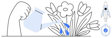 Çiçeklerin üzerine su dökmek, bakım ve gelişimi temsil eder. Roket ve kalkan başarıyı, yeniliği ve güvenliği simgeler. Büyüme, destek, koruma ve yenilikçilik için ideal