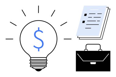 Dolar işaretli ampul, evrak yığını ve evrak çantası finans, iş stratejisi, yenilik ve organizasyonu sembolize ediyor. İş büyümesi, finans, yaratıcılık girişimciliği için ideal
