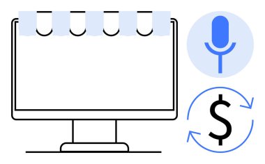 Tenteli bilgisayar monitörü, mavi mikrofon ve e-ticaret, perakende, finans, teknoloji, içerik oluşturma, podcast veya dijital iş için dolar geri dönüşüm ikonu. Minimalist düz metafor