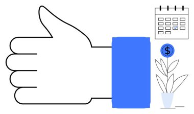 Mavi kollu büyük baş parmak hareketi, tarihi gösteren bir takvim ve büyüme ve başarıyı simgeleyen bir para bitkisi. Onay, zaman yönetimi, finans, strateji, takım çalışması, büyüme için ideal