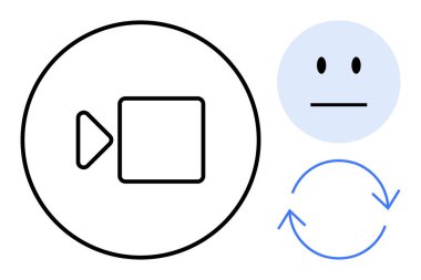 Kamera simgesi, nötr yüz ve geri bildirim döngüsünü gösteren dairesel oklar. İletişim, bağlantı kopukluğu, video görüşmeleri, teknik sorunlar, geri bildirim güncellemeleri ve mesajlaşma için ideal. Basit düz metafor
