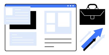 Web sayfası arayüz düzeni elementleri, iş çantası ve ilerlemeyi gösteren yukarı doğru oklar. İş stratejisi için ideal, kurumsal büyüme, dijital araçlar, web tasarımı, üretkenlik, planlama basit