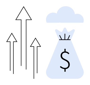 Yükselen oklar büyümeyi temsil ederken, dolar işaretli para torbası mali büyüme, kâr veya tasarruf öneriyor. Finans, yatırım, iş büyümesi, başarı, ekonomik eğilimler, tasarruflar için ideal