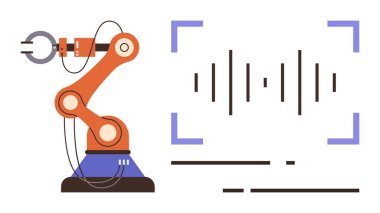 Endüstriyel robot kolu dijital arayüze bağlı, ses dalgalarını görselleştiriyor, otomasyonu, hassasiyeti, akıllı teknolojiyi, yapay zekayı, veri entegrasyonunu, makine öğrenmesini ve yeniliği temsil ediyor. Basit.