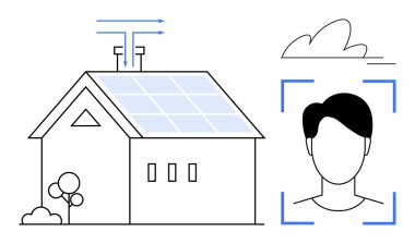 Güneş panelleri ve bacası olan, ağaçlarla çevrili bir ev, yüz tanıma sistemini birleştiriyor. Sürdürülebilirlik için ideal, yenilenebilir enerji, teknoloji, güvenlik, eko-yaşam, yenilik basit düz