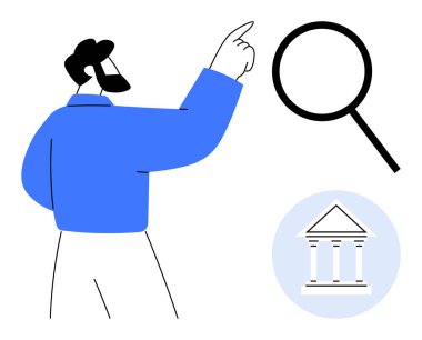 Büyüteçlere ve kurum inşa ikonuna bakan adam. Hukuk, eğitim, araştırma, yönetim, analiz, soruşturma ve karar verme için idealdir. Basit düz metafor