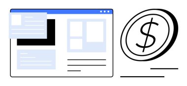 Web sayfası çizimi yüzen para ile eşleştirilmiş. Finans, e-ticaret, dijital ödeme, bankacılık, ekonomi, web tasarımı ve iş konuları için ideal. Basit bir düz metafor.