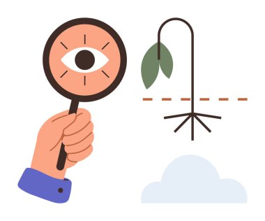 Yerin üstünde kök salmış solmuş bir bitkiye odaklanmış büyüteç. Analiz, teftiş, problem çözme, sürdürülebilirlik, başarısızlık çalışması, ekoloji ve inceleme için ideal. Temiz ve basit bir daire