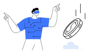 VR kulaklık takan bir adam fütüristik devreleri ve düşen bir parayı işaret ediyor. VR, yenilik, kripto para birimi, fintech, gelecek teknolojisi, dijital bağlantı için ideal, basit düz metafor