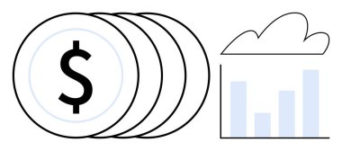 Bir bulut içinde dolar işareti ve bar tablosu olan bozuk paralar mali analiz, büyüme ve başarıyı akla getiriyor. Finans, ekonomi, yatırım, veri, bulut hesaplama tasarrufu ve yenilik için ideal. A