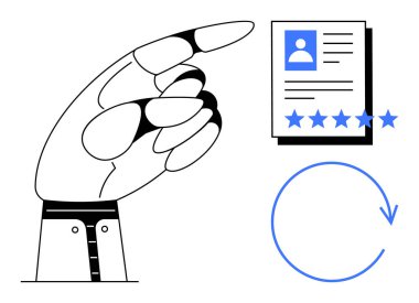 Profile işaret ederek yıldız reytingleri ile devam et. Değerlendirmeyi sembolize et. Dairesel yenilenme okuyla bağlantılı. İşe alım, İK sistemleri, iş başvuruları, performans değerlendirmeleri, yetenek