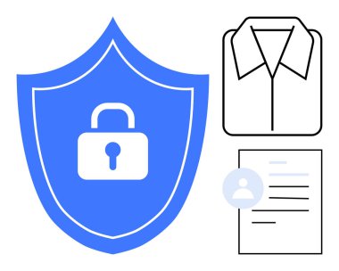 Kilitli bir kalkan, kullanıcı profilli belge simgesi ve güvenlik, gizlilik ve korunmayı destekleyen tişört taslağı. Siber güvenlik, İK uyumu, kimlik bilgileri, kimlik veri gizliliği için ideal