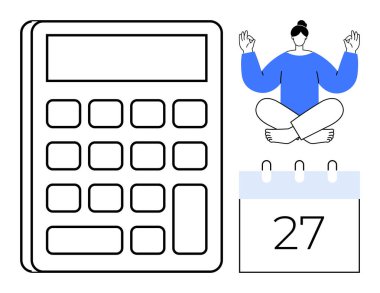 Büyük hesap makinesi, meditasyon yapan biri, takvim tarihi 27. Denge için ideal, zaman yönetimi, farkındalık, finansal plan, rahatlama stresi azaltma programı. Basit düz metafor