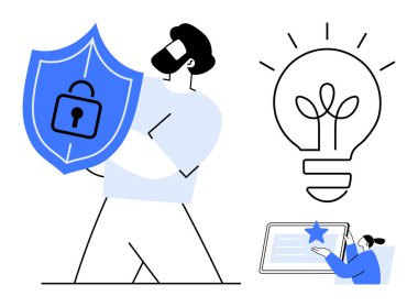 Kalkanı asma kilitle tutan adam, yeniliği simgeleyen ampul, tabletle etkileşim halinde olan kişi. Siber güvenlik, veri, yenilik, güvenlik, teknoloji, yaratıcılık için ideal dijital çözümler