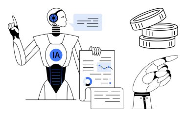 Cyborg çizelgeleri ve raporları konuşma baloncuğuyla açıklıyor. Kavrayışlara, madeni paralara, robot ellere işaret ediyor. Yapay zeka, analitik, finans, yenilik, teknoloji veri görselleştirme otomasyonu için ideal