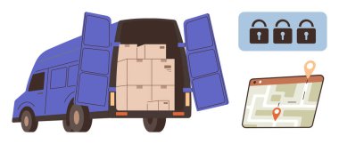 Kutularla dolu mavi teslimat minibüsü, konum şifreli bir seyir tableti ve asma kilit simgeleri. Lojistik, güvenlik, dağıtım, e-ticaret, teknoloji ulaşımı için ideal. Basit.