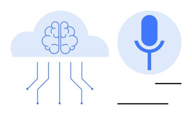 Mavi mikrofon ikonunun yanındaki veri hatlarına bağlı beyin sembolü olan bulut. Yapay zeka, konuşma tanıma, bulut hesaplama, makine öğrenme, sinirsel ağ, yenilik ve teknoloji için idealdir.