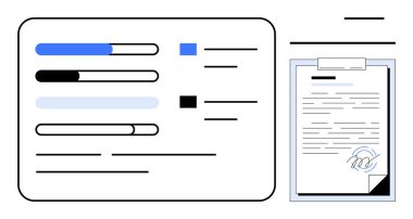 Panodaki imzalı bir belgeyle eşleşen ilerleme göstergeleri görev izleme, iş akışı yönetimi ve anlaşmalara işaret ediyor. Üretkenlik, planlama, analitik ve organizasyon için ideal. En düşük düz