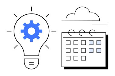 İçinde yeniliğin sembolü olan bir dişli ampul, planlama için yuvarlak halka takvimi, bağlantı için ana hatlı bulut. Üretkenlik, strateji, zamanlama, zaman yönetimi ve teknoloji için ideal