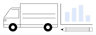 Kalem ve bar tablosunun yanında teslimat kamyonu, lojistik, planlama, analiz, iş büyümesi, nakliye, yönetim ve stratejiyi sembolize ediyor. Lojistik ve basit düz metafor için ideal.