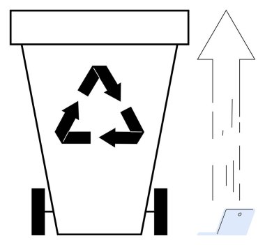 Üçgen geri dönüşüm işaretli geri dönüşüm kutusu, yukarı doğru ok ve sürdürülebilirlik yolundaki dijital çabaları sembolize eden bir dizüstü bilgisayar. Geri dönüşüm, ekoloji, dijitalleştirme ve yeşil teknoloji için ideal