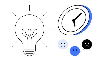 Yaratıcılığın altını çizen ampul, zaman yönetimini gösteren saat ve ruh hallerini gösteren duygusal yüzler. Yenilik için ideal, üretkenlik, duygu, tasarım, planlama, beyin fırtınası öz farkındalık