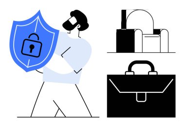 Yanında bir çanta ve ofis sandalyesi olan kilit sembollü büyük bir kalkan tutan bir adam. Veri koruması, siber güvenlik, iş güvenliği, ofis işi, profesyonellik, mahremiyet ve basit