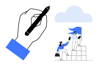 El çizimi kavramları, bayrakla bulmaca merdivenlerini çıkan iki kişi, takım çalışmasını, liderliği, yaratıcılığı ve hedef başarısını temsil ediyor. İşbirliği, yenilik ve strateji için ideal başarı.