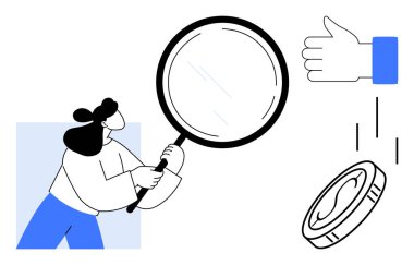 Büyüteç tutan bir kadın, büyük bir el, baş parmak işareti ve bozuk para düşüyor. Analiz, onay, finans, araştırma, değerlendirme başarısı için ideal karar verme mekanizması. Minimalist ve basit düz