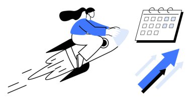 Bireyler roket üzerinde ilerliyorlar. Uçuş takvimiyle, takvimle, yukarı doğru oklarla. İlerleme, başarı, zaman yönetimi, verimlilik, yenilikçi büyüme motivasyonu için idealdir. Basit düz metafor