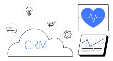 İletişim, fikir yönetimi, e-ticaret, sağlık izleme ve veri analizini temsil eden ikonlara bağlı CRM platformu. Müşteri yönetimi, yenilik ve dijital için ideal