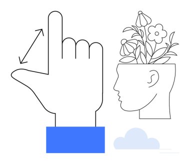 El büyümesini ölçen, kafasından çiçek açan yaratıcılığı, fikirleri, farkındalığı sembolize eden çiçekler. Kişisel büyüme, yaratıcılık, yenilik, eğitim, farkındalık zihinsel sağlık için ideal