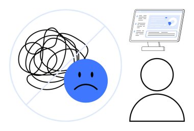 Mavi üzgün yüz, kullanıcı avatarı ve veri ekranı açıklığı, duygusal denge, üretkenlik, karar verme mekanizması, zihinsel sağlık, motivasyon organizasyonu yakınlarındaki birbirine dolanmış çizgiler. Basit düz