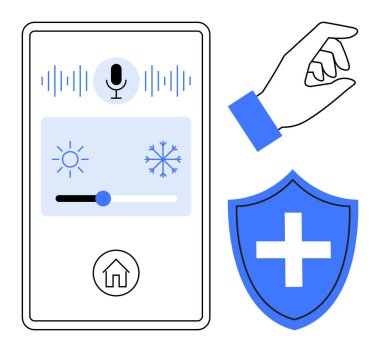 Sesli komut ile akıllı telefon arayüzü, sıcaklık kontrol kaydırıcısı, güvenlik için kalkan simgesi ve el hareketi. Akıllı teknoloji, otomasyon, ev güvenliği, kullanıcı etkileşimi ve yenilik için ideal