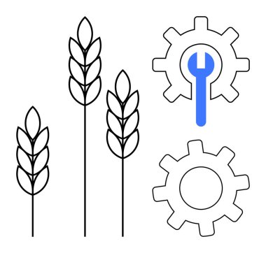 Buğday sapları dişlilerin yanında ve ingiliz anahtarı çiftçiliği ve teknoloji sinerjisini sembolize ediyor. Tarım, yenilik, tarım araçları, sürdürülebilirlik, BTMM, üretkenlik, basit düz metafor için ideal