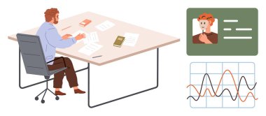 Masada oturan profesyonel bir erkek. Etrafı kitaplarla çevrili belgeleri okuyor. Değişken çizgileri olan çizelgeler ve kimlik kartı ekranıyla çevrili. İş, araştırma, eğitim, analiz, iletişim için ideal