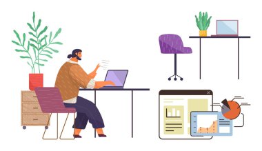 Bilgisayarlı, mobilya, bitki ve çizelgelerle çevrili bir masada çalışan biri. Takım çalışması için ideal, üretkenlik, analitik, planlama, ev ofisi modern çalışma basit düz metafor